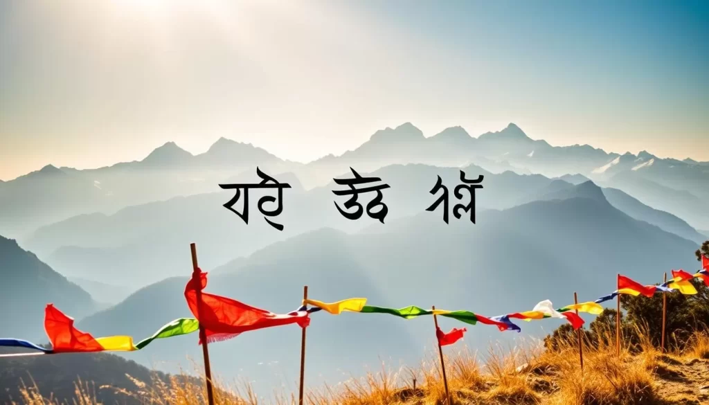 Vibrant Sikkim: An Artistic Exploration of Official Languages A serene mountainous landscape, bathed in warm sunlight, sets the stage. In the foreground, a group of colorful prayer flags flutter gently, symbolizing the linguistic diversity of Sikkim. Towering snow-capped peaks rise in the distance, creating a breathtaking backdrop. At the center, three intricate calligraphic scripts are elegantly displayed, representing the official languages of Sikkim: Nepali, Bhutia, and Lepcha. The scene conveys a harmonious blend of natural beauty and cultural richness, inviting the viewer to immerse themselves in the linguistic heritage of this enchanting region.