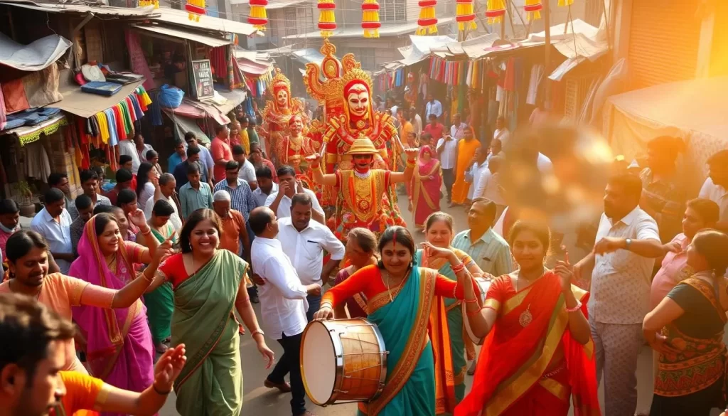 Vibrant and colourful Haryana festival celebrations in a bustling village setting. In the foreground, joyful locals in traditional attire dance to the rhythmic beats of drums and cymbals. In the middle ground, a procession of elaborately decorated floats and performers weave through the streets, captivating the crowd. The background features lively market stalls, with vendors selling colourful fabrics, handicrafts, and delicious local delicacies. Warm sunlight filters through the scene, creating a vibrant, celebratory atmosphere. Capture the energy, culture, and spirit of Haryana's vibrant festival traditions.