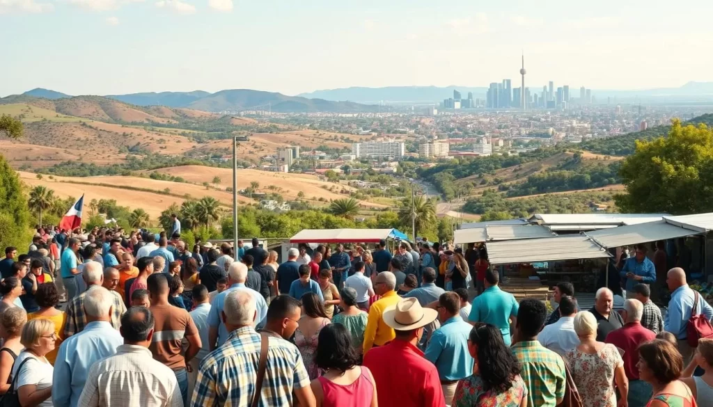 Vibrant and diverse language communities in Texas, against a backdrop of rolling hills and lush greenery. In the foreground, clusters of people engaged in lively conversations, their gestures and expressions reflecting the richness of their cultures. In the middle ground, a bustling marketplace, with vendors offering an array of goods and services in multiple languages. In the distance, a panoramic view of the Lone Star State's urban skylines, a testament to the state's linguistic tapestry. Warm, golden sunlight filters through the scene, creating a sense of harmony and inclusion. Captured with a wide-angle lens, the image conveys the vibrancy and interconnectedness of Texas's linguistic landscape.