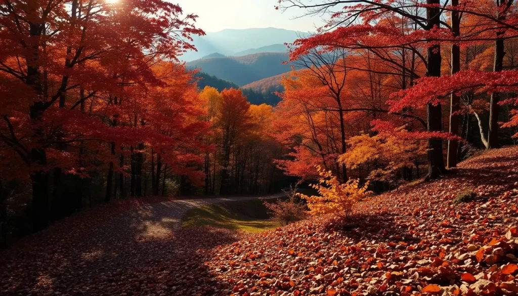 Vibrant autumn foliage adorns the serene landscape of Gangwon Province. A tranquil forest path winds through a tapestry of crimson, golden, and amber hues, the sunlight filtering softly through the canopy. In the foreground, a carpet of fallen leaves carpets the ground, while in the distance, rolling hills and misty mountains frame the scene. The atmosphere is one of quiet contemplation, inviting the viewer to immerse themselves in the natural splendor of this captivating region.