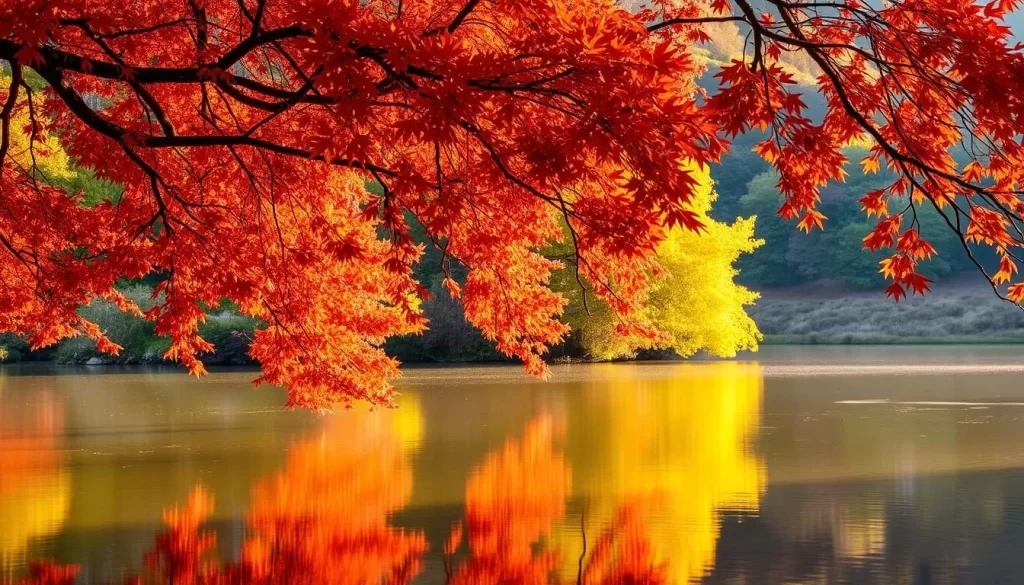 Vibrant autumn foliage cascading over a serene pond in North Jeolla Province, South Korea. Russet and golden hues of maple and ginkgo trees reflected in the still waters, creating a tranquil and picturesque scene. Warm, diffused natural lighting filters through the lush canopy, casting a soft, golden glow. Capture the essence of the changing seasons in this idyllic landscape, showcasing the natural beauty and charm of this region.