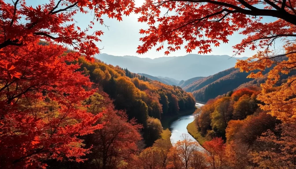Vibrant autumnal foliage cascades across the rolling hills of Mie Prefecture, Japan. In the foreground, a lush tapestry of crimson maples, golden ginkgos, and amber-hued oaks sway gently in the crisp, gentle breeze. The middle ground reveals a winding river that reflects the warm, soft light of the sun, its rays filtering through the canopy above. In the distance, misty mountain peaks rise, their slopes draped in a patchwork of seasonal hues. This serene, picturesque landscape evokes a sense of tranquility and the natural beauty of autumn in Mie.