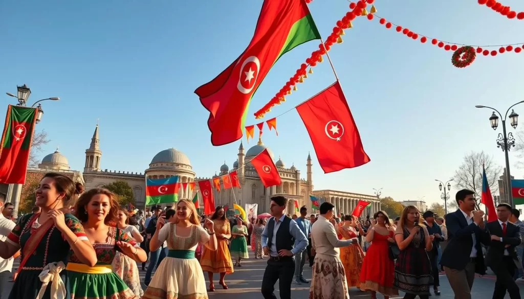 Vibrant colors and festive decorations adorn the streets of Azerbaijan, as the nation celebrates its national days. In the foreground, people in traditional attire perform lively dances, their joyous expressions captured in a golden afternoon light. The middle ground features a lively procession, banners and flags waving proudly. In the background, iconic architectural landmarks stand as a testament to the country's rich cultural heritage, set against a clear, azure sky. The overall scene conveys a sense of unity, pride, and the warm, welcoming spirit of Azerbaijan's national celebrations.