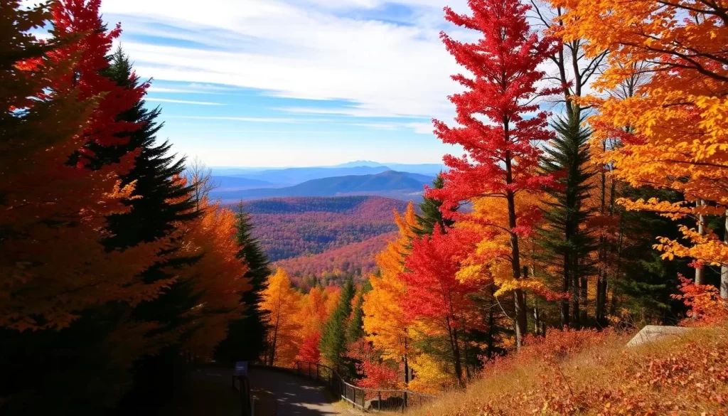 Vibrant fall foliage at Sugarloaf Mountain, New England, USA. Tall, lush deciduous trees in shades of red, orange, and yellow lining a winding hiking trail. Warm, golden sunlight filters through the leaves, casting a soft, inviting glow. In the middle ground, a scenic overlook offers a panoramic view of the rolling, forested hills. In the distance, the iconic peak of Sugarloaf Mountain rises majestically against a clear, azure sky. Capture the essence of autumn's fleeting beauty in this peaceful, picturesque scene.