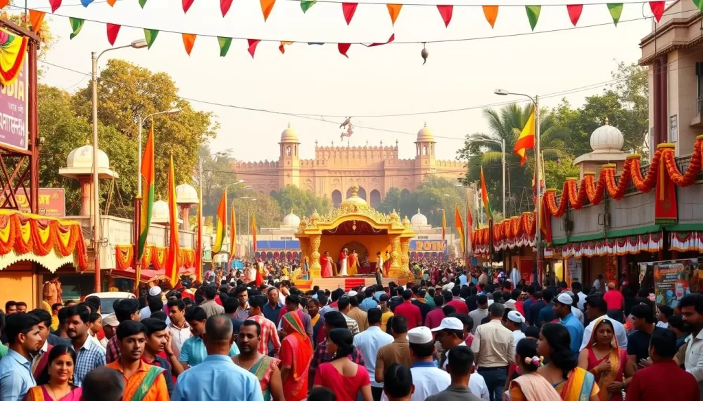 Vibrant festival calendar showcasing the rich cultural tapestry of Chandigarh, India. Colorful banners and decorations adorn the bustling streets, creating a festive atmosphere. In the foreground, locals in traditional attire gather, engaging in lively celebrations. The middle ground features ornate stages and performance areas, where musicians and dancers captivate the audience. In the background, the architectural marvels of Chandigarh's renowned buildings and monuments provide a stunning backdrop, bathed in warm, golden light. The scene exudes a sense of joy, community, and the city's unwavering spirit of celebration.