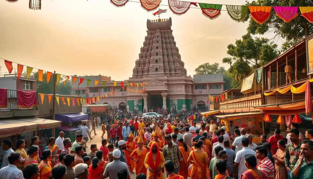Vibrant festival celebration in Odisha, India. A bustling crowd gathers in a lively town square, adorned with colorful fabric banners and traditional decorations. In the foreground, performers in ornate costumes dance to the rhythmic beats of drums and cymbals. The middle ground showcases artisanal stalls selling local handicrafts and food. In the background, a grand temple with intricate architecture stands tall, its spires reaching towards a sun-dappled sky. Warm natural lighting illuminates the joyous atmosphere, capturing the essence of Odisha's vibrant cultural heritage.