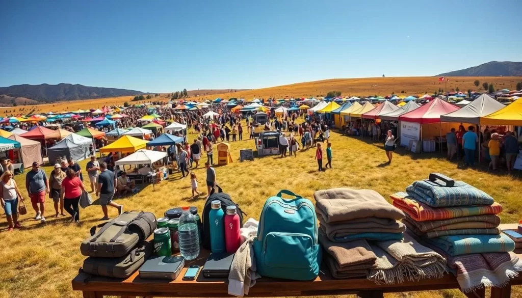 Vibrant festival grounds, sun-dappled meadow dotted with vivid tents in a rainbow of hues. Crowds of revelers mingle, exploring an array of handcrafted wares and gourmet food stalls. In the foreground, a table overflows with essential festival gear - sturdy backpacks, reusable water bottles, cozy blankets, and portable chargers. Warm lighting casts a golden glow, capturing the spirit of community and celebration. A wide-angle lens frames the lively scene, conveying the energy and excitement of a must-visit Nevada festival.