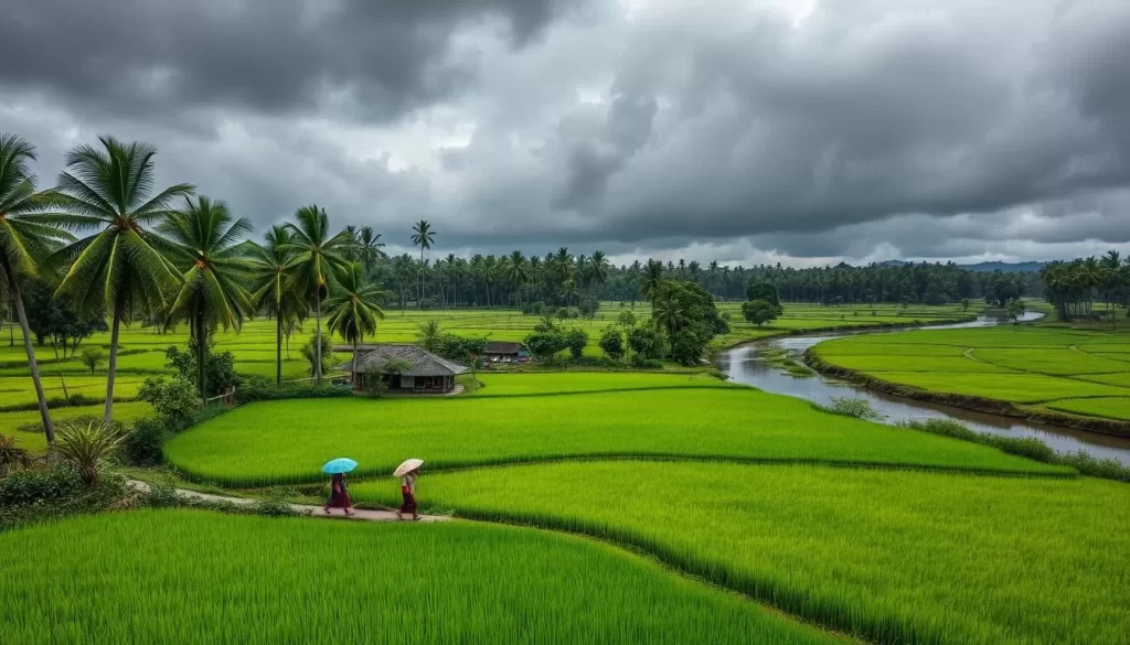 Vibrant green paddy fields stretch as far as the eye can see, punctuated by towering palm trees swaying in the gentle breeze. Against a dramatic backdrop of charcoal-grey monsoon clouds, a tranquil village nestles along the banks of a meandering river, its reflections rippling in the light rain. Colorful umbrellas dot the scene, as local residents move through the lush, verdant landscape, their vibrant traditional attire adding pops of warmth to the moody, atmospheric setting. Capture the captivating essence of Assam's monsoon magic with a cinematic, wideangle perspective that showcases the region's stunning natural beauty.