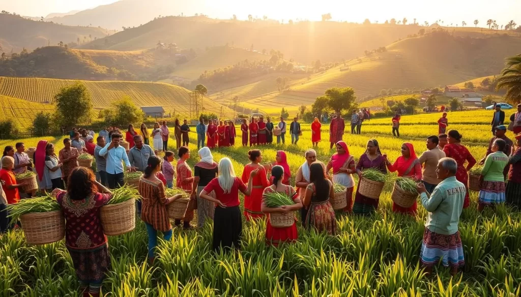 Vibrant harvest celebration in Mizoram, India. A lively scene of farmers and villagers gathered in a verdant field, adorned in colorful traditional attire. In the foreground, people carrying baskets overflowing with freshly harvested crops. In the middle ground, a group performing a traditional dance, their movements graceful and rhythmic. The background features a picturesque landscape of rolling hills and lush greenery, bathed in warm, golden sunlight. The atmosphere is one of joy, celebration, and communal togetherness, capturing the essence of Mizoram's Mim Kut and Pawl Kut harvest festivals.