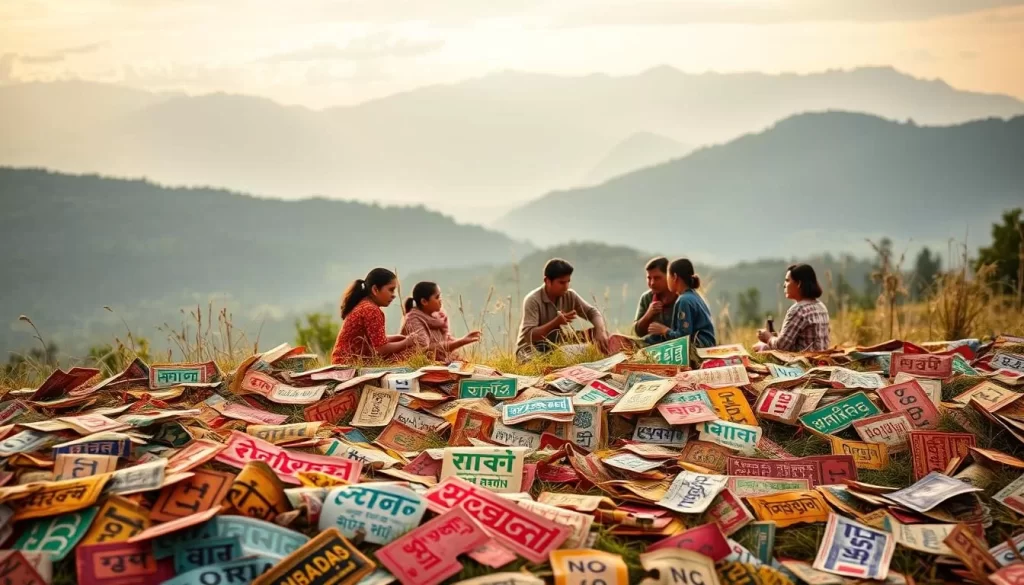 Vibrant linguistic tapestry unfurling across a serene Naga landscape. A myriad of tribal scripts adorn the foreground, each a unique expression of cultural heritage. In the middle ground, locals engage in animated conversation, their gestures and expressions conveying the richness of oral tradition. The background reveals a mountainous panorama, hinting at the diverse geography that has nurtured this multilingual society. Warm, diffused lighting casts a tranquil glow, capturing the harmony amidst Nagaland's linguistic diversity.