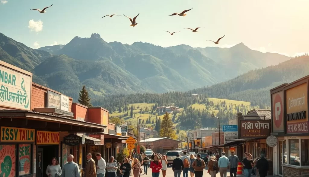 Vibrant linguistic tapestry unraveling across a sun-dappled landscape. Towering mountains frame a verdant valley, where diverse communities converge. In the foreground, lively murals and signage in multiple scripts adorn the facades of quaint buildings. Pedestrians of varied ethnicities stroll the bustling streets, engaged in animated conversations. Overhead, birds soar against a cloudless sky, symbolic of the free exchange of ideas. Warm, soft lighting infuses the scene with an atmosphere of cultural richness and harmony. Capture the multi-hued language landscape that defines the unique character of this Montana community.