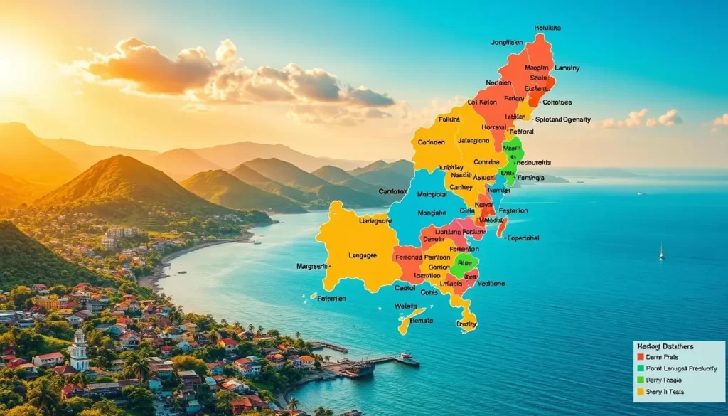 Vibrant map illustrating language distribution across Puducherry's districts. Coastal town scenes in the foreground, with rolling hills and lush greenery in the middle ground. Warm sunlight illuminates the diverse linguistic tapestry, with distinct color-coded regions denoting predominant spoken languages. Detailed typography and symbols convey the relative prevalence of each language. Seamless blending of cultural elements creates an immersive, visually striking representation of Puducherry's multilingual landscape. Artistic, high-resolution, photorealistic.