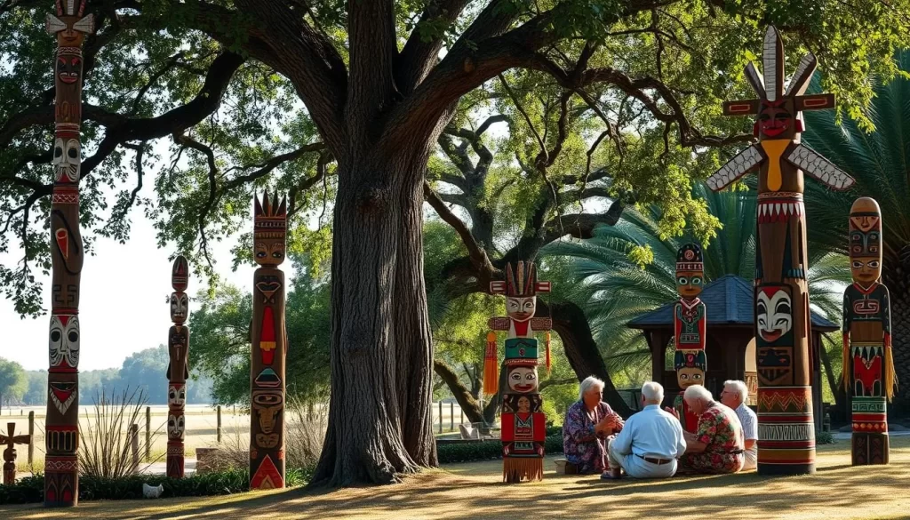 Vibrant native language landscapes of Mississippi, featuring intricate tribal symbols and patterns painted on wooden totem poles, hanging from trees, and woven into intricately decorated traditional garments. A gentle breeze rustles the leaves, casting soft dappled light across the scene. In the distance, a group of elders sit in a circle, engaged in lively conversation in their ancestral tongue. The overall atmosphere conveys a sense of cultural preservation and reverence for the rich linguistic heritage of the region.