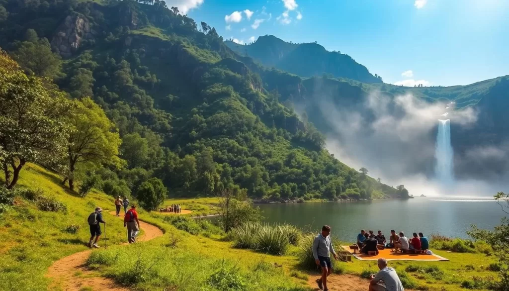 Vibrant outdoor activities in the lush, rolling hills of Jharkhand, India on a pleasant day. In the foreground, hikers trekking along a winding path through a verdant forest, with sunlight filtering through the canopy. In the middle ground, a group of people enjoying a picnic by a tranquil lake, surrounded by towering rocky cliffs. In the background, a dramatic waterfall cascades down the mountainside, its misty spray catching the golden light. The scene exudes a sense of adventure, natural beauty, and serene exploration, perfect for weather-savvy travelers seeking an immersive experience.