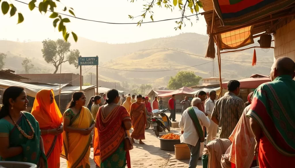 Vibrant regional dialects of Gujarati, spoken across the diverse landscapes of Gujarat. A serene village scene, with a bustling market square at the center. Colorfully dressed locals engage in lively conversations, their inflections and cadences reflecting the unique linguistic heritage of their communities. In the background, rolling hills and lush greenery frame the picture, hinting at the richness and variety of Gujarati dialects. Warm sunlight filters through the scene, creating a gentle, inviting atmosphere. Captured with a soft, cinematic lens to convey the warmth and authenticity of this linguistic tapestry.