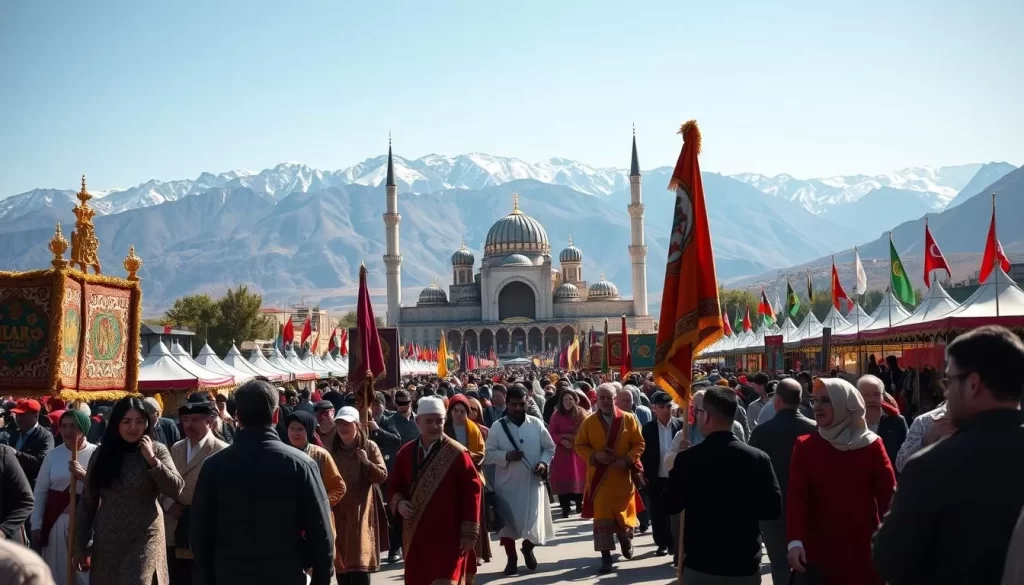 Vibrant religious celebrations in Kazakhstan on a sunny day. In the foreground, a procession of worshippers in traditional attire carrying ornate banners and flags. In the middle ground, a magnificent mosque with intricate domes and minarets, surrounded by colorful tents and stalls selling local crafts and foods. In the background, a mountainous landscape with snow-capped peaks, casting a warm glow over the scene. High-contrast lighting, wide-angle lens to capture the grand scale, and a sense of joy and community among the participants.