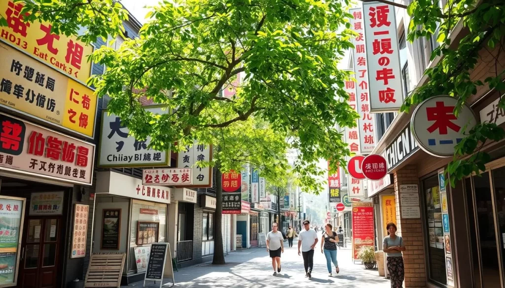 Vibrant street scene showcasing the linguistic diversity of Chiayi County, Taiwan. Storefronts adorned with an array of signage in Mandarin, Taiwanese, and English, reflecting the multicultural landscape. Pedestrians amble along the sidewalks, capturing the rich tapestry of languages that permeate the area. Bright sunshine filters through lush foliage, casting a warm glow over the bustling scene. A sense of harmony and community emanates from the harmonious coexistence of the different linguistic elements. Capture the essence of Chiayi's linguistic landscape in a realistic, photographic style.