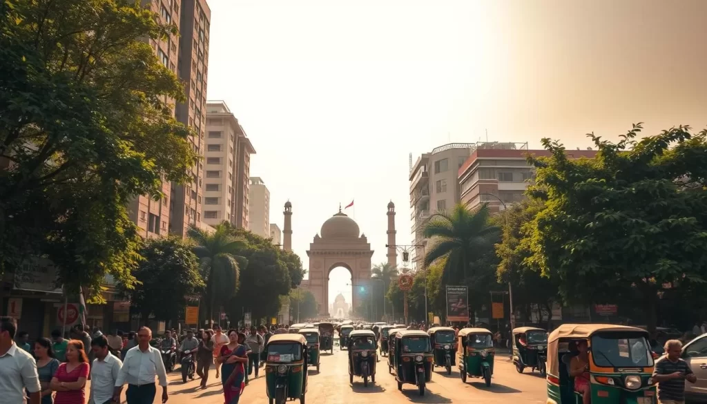Vibrant summer day in Delhi, India. Scorching sun beams down on bustling city streets. Towering high-rises, ancient monuments, and lush foliage create a compelling urban landscape. Pedestrians seek refuge in the shade, while auto-rickshaws and motorcycles zip through the heat haze. Warm hues of ochre, terracotta, and dusty rose permeate the scene. Diffused natural lighting casts dramatic shadows, emphasizing the architectural details. Capture the palpable energy and relentless tempo of this historical metropolitan center during its most sweltering season.