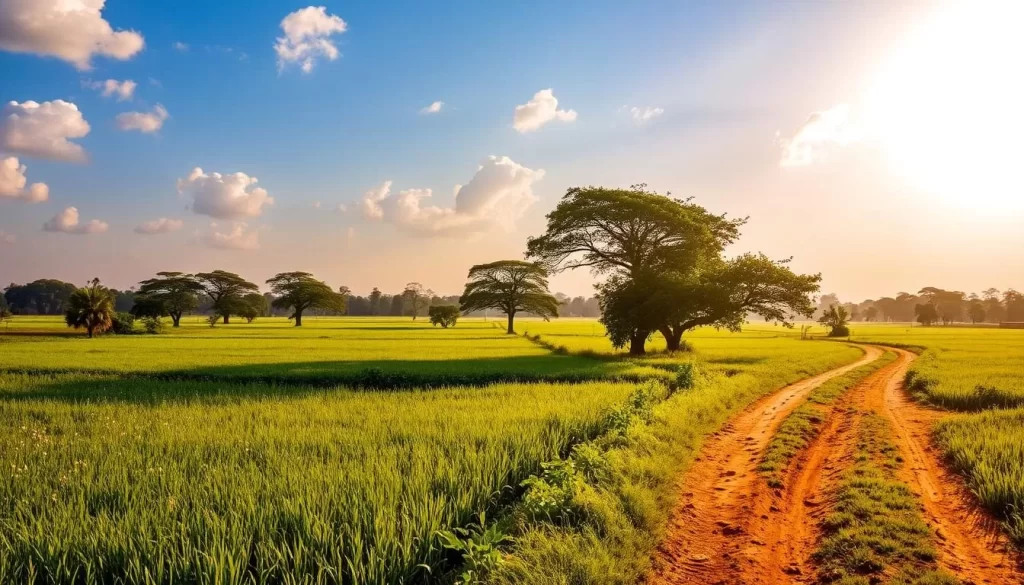 Vibrant summer heat radiates across a sun-drenched landscape in Haryana, India. In the foreground, lush green fields stretch out, dotted with swaying crops and blooming flowers. A dusty dirt road winds through the scene, inviting exploration. In the middle ground, towering trees provide pockets of shade, their leaves rustling gently in the warm breeze. The background is dominated by a clear blue sky, with fluffy white clouds drifting lazily overhead. The strong, golden sunlight casts a warm, hazy glow over everything, creating a sense of languid tranquility. The overall atmosphere evokes the sizzling, yet serene, essence of a summer day in this northern Indian region.