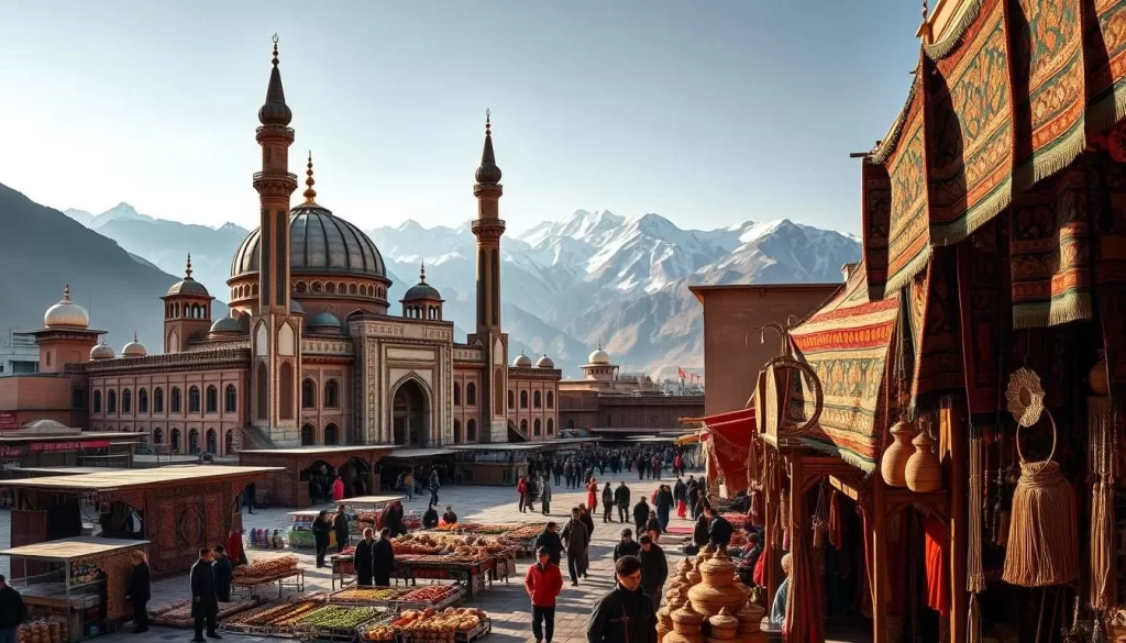 Vibrant tapestry of Afghan cultural heritage, showcasing the exquisite architecture, intricate textiles, and colorful traditions. In the foreground, a grand mosque with ornate domes and minarets, bathed in warm sunlight. Middle ground features a bustling marketplace, with vendors displaying handcrafted pottery, jewelry, and richly patterned rugs. In the background, majestic snow-capped mountains provide a stunning natural backdrop. An atmosphere of reverence, artistry, and timeless charm pervades the scene, capturing the essence of Afghanistan's rich cultural tapestry.