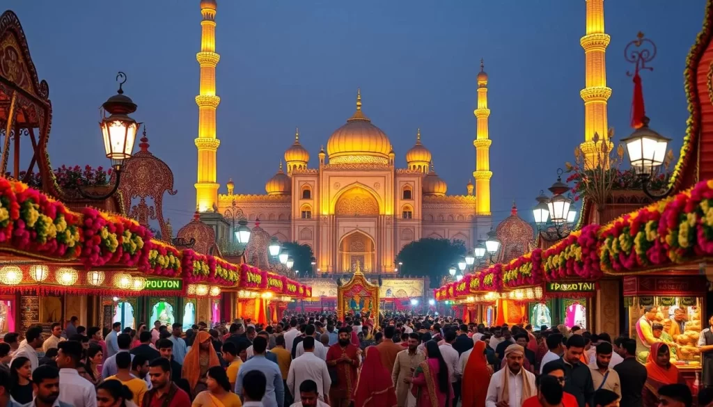 Vibrant tapestry of Pakistani culture unfolds, showcasing an array of colorful festivals. In the foreground, lively crowds adorned in traditional attire gather, engaged in celebratory dances and rituals. The middle ground features elaborate decorations, intricate lanterns, and vibrant floral arrangements adorning the streets. Towering in the background, majestic architectural marvels, such as iconic mosques and palaces, provide a stunning backdrop, illuminated by warm, soft lighting that casts a golden glow over the scene. The overall atmosphere is one of joyous community, rich heritage, and a captivating blend of sights, sounds, and traditions that encapsulate the cultural tapestry of Pakistani festivals.