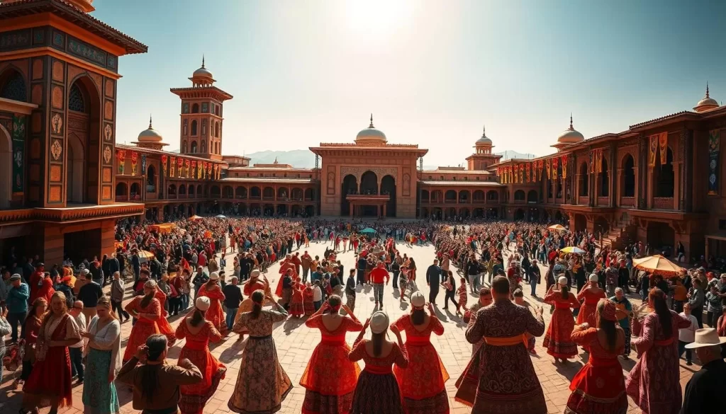 Vibrant tapestry of Turkmenistan's cultural festivals: An expansive central square, adorned with traditional Turkmen architecture and bustling with colorful crowds. In the foreground, performers in intricate embroidered costumes sway to the rhythm of ancient melodies. Towering monuments and vibrant banners frame the scene, creating a sense of grandeur. Warm, golden sunlight filters through, casting a soft glow over the entire tableau. A panoramic, cinematic view capturing the rich diversity and timeless traditions that define the cultural heart of Turkmenistan.