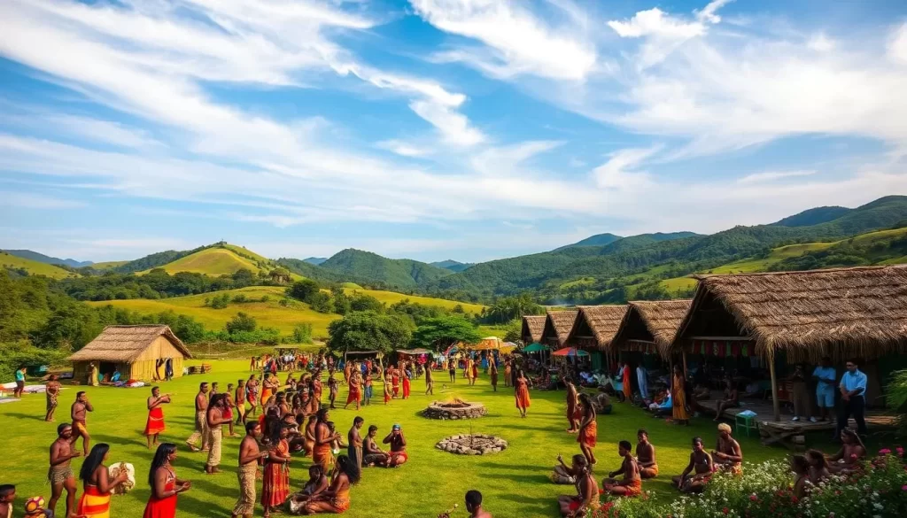 Vibrant tribal gathering set in a lush, verdant landscape. Foreground filled with colorfully dressed dancers, musicians playing traditional instruments, and elders leading ceremonial rituals. Middle ground features rows of thatched-roof huts, lively market stalls, and a central fire pit. Background showcases rolling hills, blooming wildflowers, and a clear blue sky with wispy clouds. Warm, natural lighting casts a golden glow across the scene, capturing the celebratory spirit and age-old traditions of this local festival.