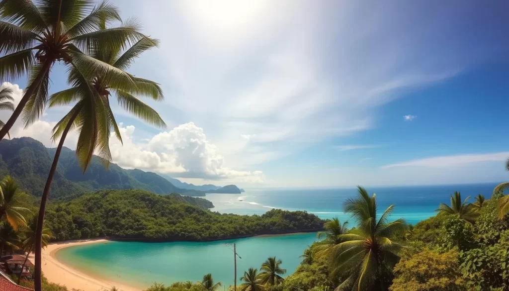 Vibrant tropical paradise: a panoramic view of Koh Chang island, Thailand, on a sunny day. Lush green hills and palm trees frame the pristine turquoise waters of the Gulf of Thailand. In the foreground, a secluded beach with golden sand and beachgoers enjoying the warm sun. Dramatic cloud formations in the middle distance, with rays of light streaming through. A hazy blue sky overhead, creating a sense of tranquility and natural beauty. Capture the essence of the perfect weather for visiting this stunning island destination.