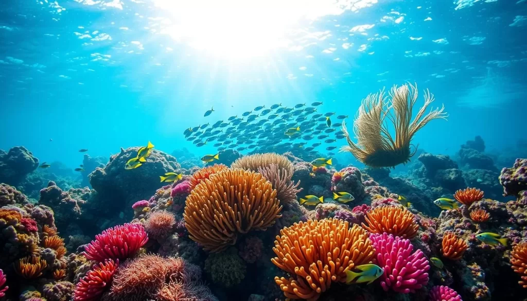 Vibrant underwater seascape of New Caledonia's diverse marine life. In the foreground, a kaleidoscope of colorful coral, anemones, and tropical fish weaving between the crevices. In the middle ground, a school of electric-blue damselfish dart through swaying sea fans. The background showcases the sun-dappled surface, casting a soft, warm glow through the crystal-clear waters. Capture the essence of an idyllic, sun-kissed day exploring New Caledonia's abundant and thriving underwater world.