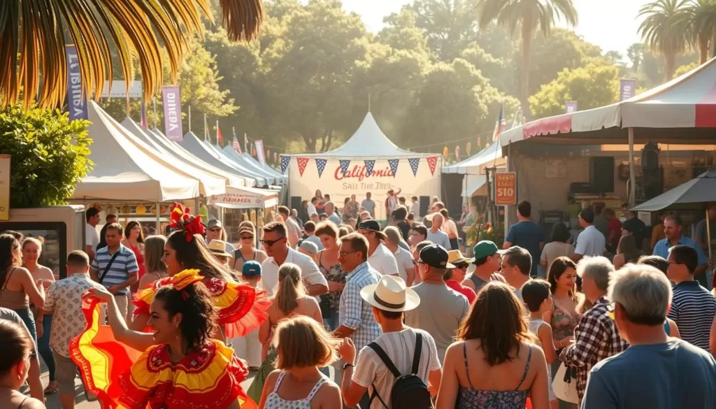 Vivid California summer festival scene, with a vibrant crowd of people enjoying various festivities. In the foreground, a lively dance performance with colorful costumes and energetic movements. In the middle ground, food stalls offering an array of local delicacies, their aromas wafting through the air. In the background, a stage with live music, surrounded by festively decorated tents and booths showcasing local artisans and their crafts. Warm, golden sunlight filters through, casting a soft, inviting glow over the entire scene. The mood is one of celebration, community, and the vibrant spirit of California culture.