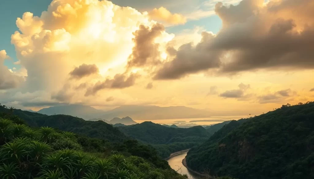Vivid landscape depicting the seasonal weather patterns of Hualien, Taiwan. Dramatic sky with billowing clouds, illuminated by warm, golden sunlight casting long shadows. In the foreground, lush, verdant vegetation sways gently in a light breeze. The middle ground features a winding river or stream reflecting the sky above. Distant mountains rise majestically, their peaks shrouded in mist. The overall scene conveys a sense of tranquility and natural beauty, showcasing the diverse and dynamic weather cycles of this captivating coastal region.
