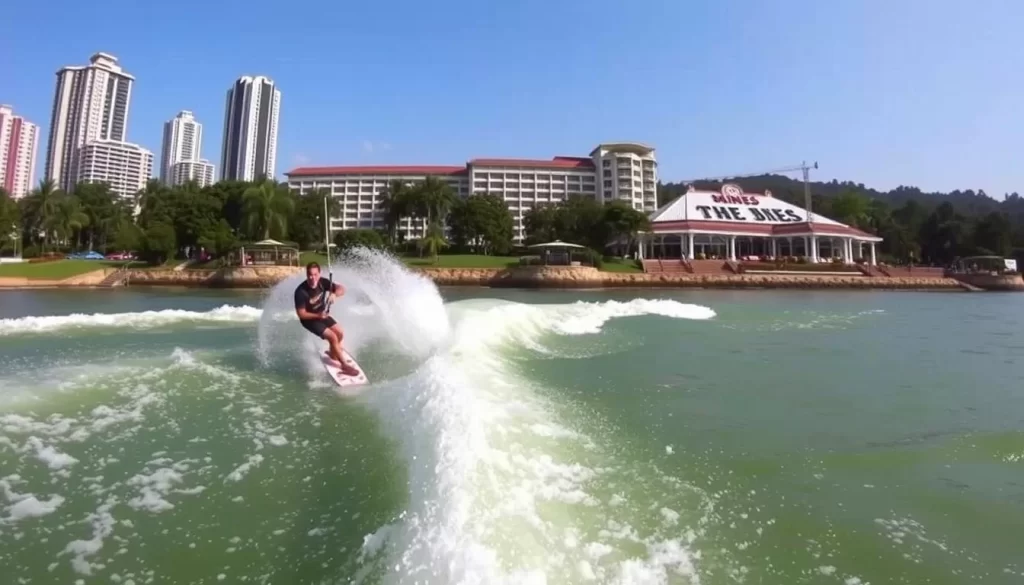 Wakeboarding in Kuala Lumpur near Petaling Jaya with The Mines resort in the background