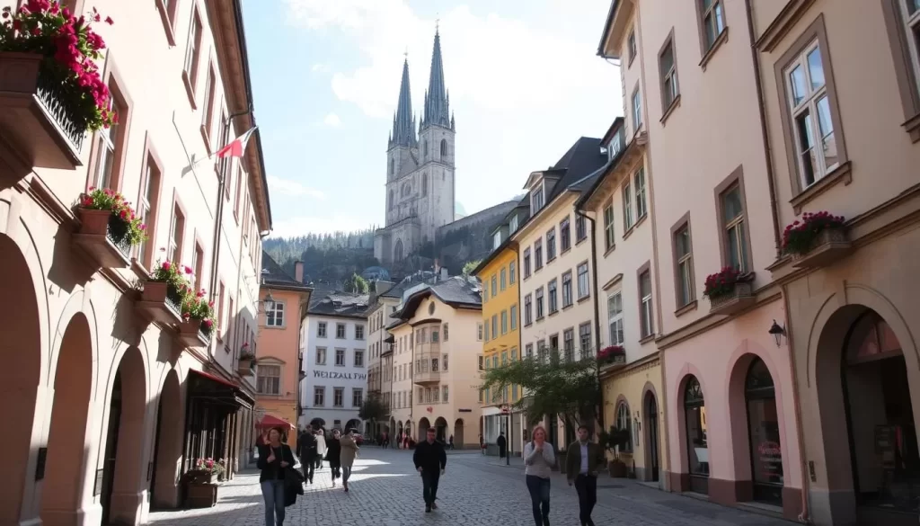 Wandering through the picturesque Salzburg Old Town (Altstadt), a charming cobblestone streetscape unfolds, framed by the iconic Hohenzollern Fortress towering in the background. Quaint pastel-colored buildings line the narrow lanes, their ornate facades and flower-adorned window boxes exuding a timeless European ambiance. Sunlight filters through the archways, casting warm, gentle illumination on the scene. Pedestrians stroll leisurely, admiring the historic architecture and the tranquil atmosphere of this well-preserved medieval center. The iconic Salzburg Cathedral rises majestically, its dominating spires and grand Baroque design serving as a visual centerpiece. Capturing the essence of Salzburg's old-world elegance, this serene, pedestrian-friendly setting invites the viewer to immerse themselves in the city's captivating history and timeless charm.