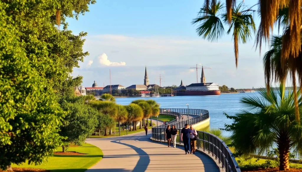 Waterfront Park, Charleston, South Carolina. A picturesque scene along the serene Ashley River, with lush green foliage and a graceful promenade leading towards the horizon. Warm, golden sunlight filters through the trees, casting gentle shadows on the path. In the distance, historic buildings and church steeples dot the skyline, reflecting in the tranquil waters. Visitors stroll leisurely, taking in the serene ambiance and the stunning views of the Charleston Harbor. A tranquil oasis in the heart of the city, perfect for a day of relaxation and outdoor exploration.