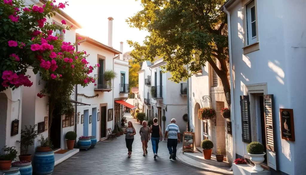 Winding streets of the picturesque Greek and Turkish quarters of Bozcaada, a tranquil island in the Aegean Sea. Quaint whitewashed buildings with colorful trim, their facades adorned with bougainvillea and potted plants. Narrow alleyways lead past small cafes and artisan shops, inviting visitors to leisurely explore. Warm, golden sunlight filters through the tree canopy, casting soft shadows on the paved walkways. Locals and tourists alike stroll unhurriedly, soaking in the island's laid-back atmosphere. A serene, nostalgic scene that captures the essence of Bozcaada's unique cultural heritage.