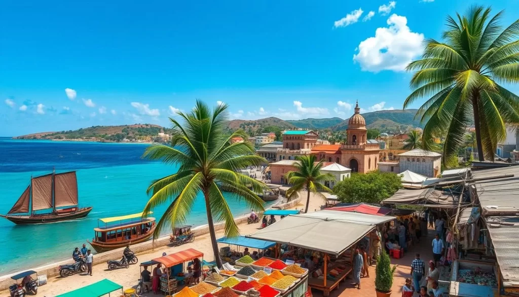 Zanzibar's vibrant seaside, bustling markets, and historical architecture. A sunny day showcases dhow boats sailing along the azure waters, with palm trees swaying gently in the breeze. In the foreground, a lively spice market offers an array of vibrant colors and enticing aromas. The middle ground reveals the iconic Stone Town, its winding alleyways and intricate Omani-influenced architecture. The background features the rolling hills and tropical greenery that characterize Zanzibar's lush landscapes. Capture the island's unique blend of African, Arab, and European influences with a cinematic, wide-angle lens that conveys the captivating atmosphere of this enchanting destination.