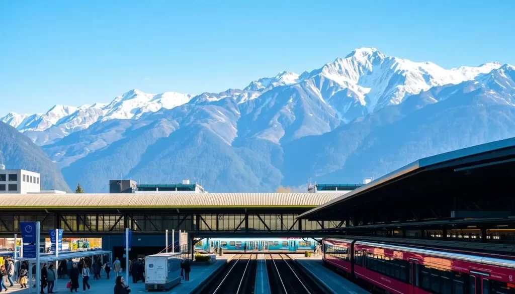 Zurich Airport train station with a view of the Alps