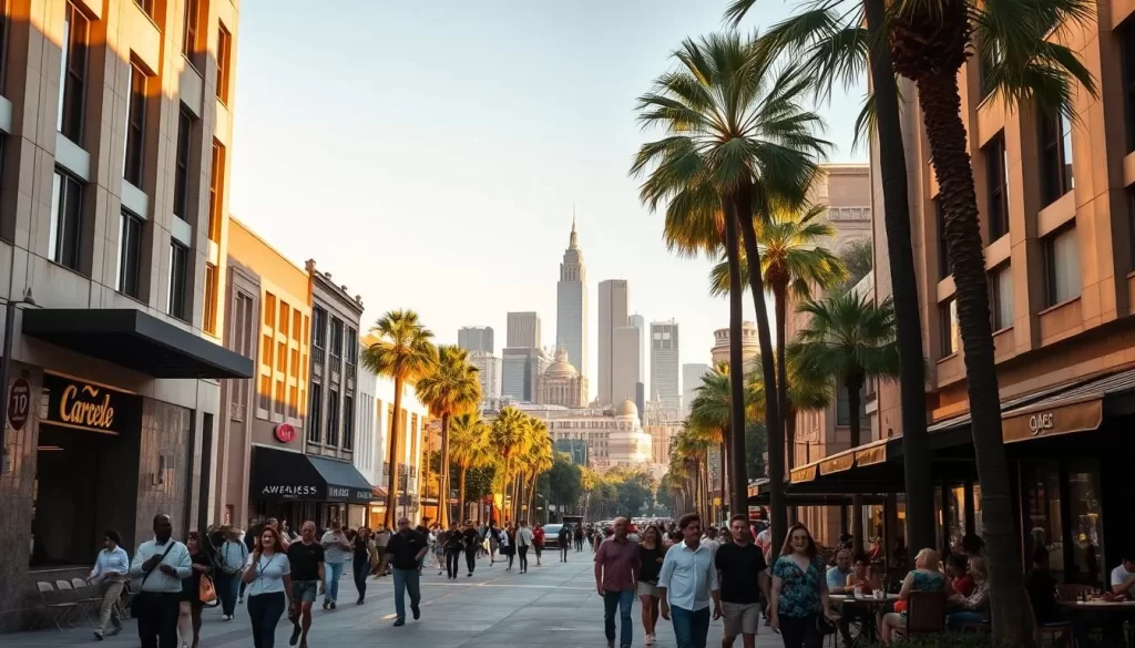 a bustling downtown los angeles street scene, with people strolling along the sidewalks, window shopping, and dining at outdoor cafes. the iconic palm trees line the streets, casting long shadows on the warm concrete. in the distance, the skyline of towering skyscrapers and historic architecture is visible, bathed in the golden light of the afternoon sun. the atmosphere is lively and inviting, with a sense of urban exploration and discovery. the camera captures the scene from a street-level perspective, highlighting the pedestrian experience of exploring los angeles on foot.