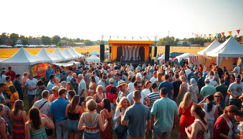 a lively crowd of people gathered in an open field, celebrating at a vibrant American festival. in the foreground, a diverse group of attendees dance and mingle, dressed in colorful, traditional attires. tents and food stalls line the middle ground, offering an array of regional cuisine and crafts. in the background, a stage with live music performers captivates the audience, creating an atmosphere of joy and cultural exchange. the scene is bathed in warm, golden sunlight, conveying a sense of festive energy and community spirit. the overall composition evokes the spirit of the United States' rich festival culture.
