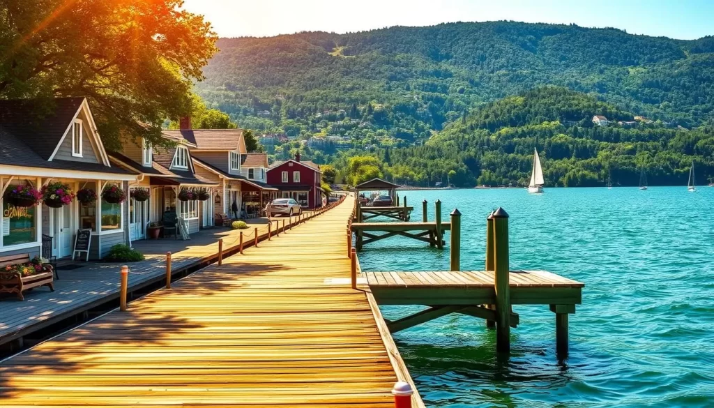 a picturesque seaside town in Door County, Wisconsin, on a sunny summer day. In the foreground, a charming wooden pier extends out over the tranquil waters of Lake Michigan, inviting visitors to stroll and take in the stunning views. Quaint cottages and shops line the streets, their facades adorned with colorful flowers and hanging baskets. In the middle ground, sailboats gracefully glide across the sparkling blue waters, while in the background, the rolling hills and lush forests of the Door County peninsula stretch out, creating a serene and peaceful atmosphere. The warm, golden sunlight filters through the trees, casting a warm glow over the entire scene and highlighting the natural beauty of this charming Midwestern destination.