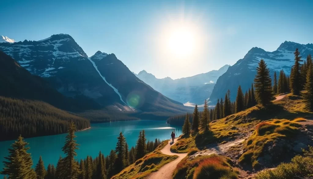 a stunning landscape of a majestic national park in the United States, with towering mountains in the background and a pristine glacial lake in the foreground. The sun casts a warm glow over the scene, illuminating the vibrant green forests and the snow-capped peaks. In the middle ground, a winding hiking trail leads visitors through the serene wilderness, inviting them to explore the park's natural wonders. The image captures the awe-inspiring beauty and the sense of adventure that makes national parks such unique and unforgettable destinations.