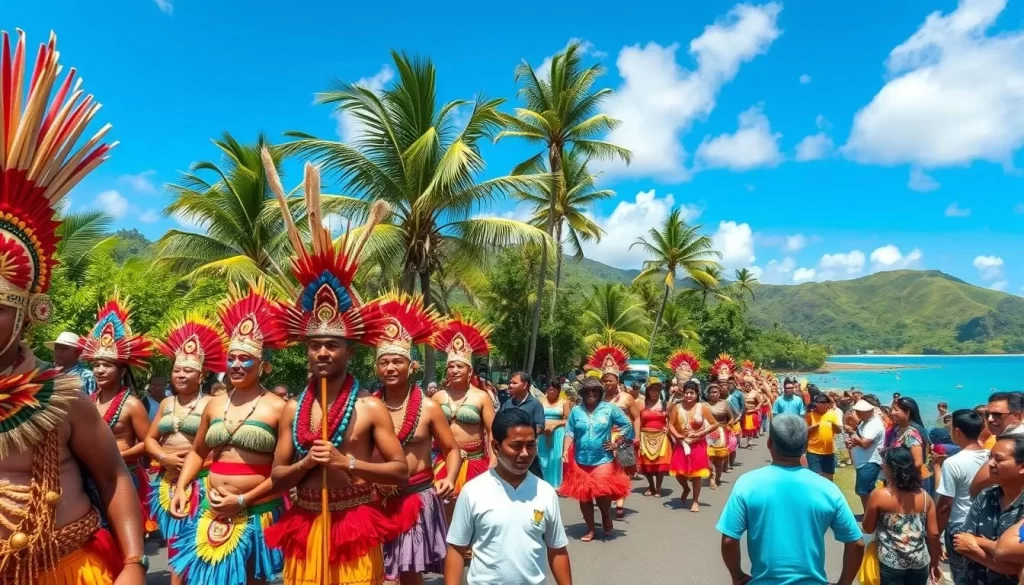 a vibrant festival scene in american samoa, featuring a lively parade with colorful traditional costumes and energetic dancers, surrounded by a backdrop of lush tropical foliage and azure skies. the foreground showcases the parade's procession, with intricate headdresses, elaborate face paintings, and vibrant fabrics in shades of red, blue, and gold. the middle ground captures the festive atmosphere, with locals and tourists alike gathered to watch the celebration, their expressions filled with joy and excitement. the background depicts the stunning natural beauty of american samoa, with towering palm trees, verdant hills, and a hint of crystal-clear ocean in the distance, creating a picturesque setting for this cultural extravaganza.