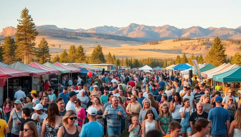 a vibrant outdoor festival in the scenic landscapes of Wyoming, USA. In the foreground, a lively crowd of people enjoying various activities - live music performances, colorful food stalls, artisanal craft vendors, and joyful children playing games. The middle ground features the iconic natural beauty of Wyoming, with rolling hills, pine forests, and majestic mountains in the distance, bathed in warm, golden hour lighting. The overall atmosphere exudes a sense of community, culture, and celebration, capturing the essence of Wyoming's thriving festival scene.
