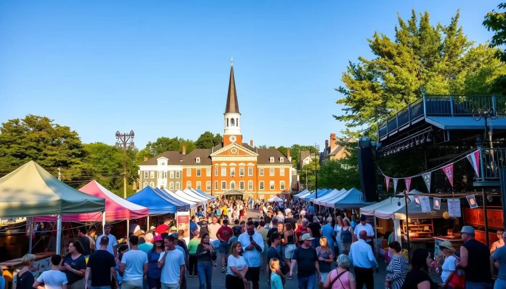 a vibrant scene of Massachusetts festivals, showcasing a lively outdoor event with colorful tents, festive banners, and a diverse crowd of people enjoying the festivities. The foreground features a central stage with musicians performing on it, surrounded by food vendors, artisan stalls, and families gathered to savor local cuisine and crafts. The middle ground depicts a bustling crowd, with visitors of all ages mingling and exploring the various attractions. In the background, a picturesque New England setting with historic buildings, trees, and a clear blue sky create a charming and inviting atmosphere. Warm, natural lighting illuminates the scene, capturing the energy and celebration of the Bay State's vibrant festival culture.