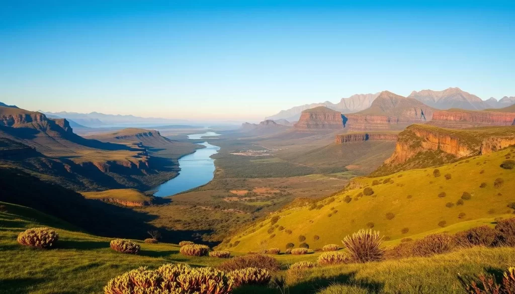 a wide panoramic view of the diverse landscapes of Eastern Cape, South Africa, on a clear sunny day. In the foreground, rolling green hills dotted with clusters of indigenous flora. In the middle ground, a tranquil river winding through a lush valley, its banks lined with towering cliffs and rocky outcrops. In the distance, rugged mountains and plateaus rise up, their peaks capped with a dusting of snow. The scene is bathed in warm, golden light, casting long shadows and creating a serene, almost dreamlike atmosphere. The overall composition emphasizes the region's remarkable natural beauty and geographic complexity.