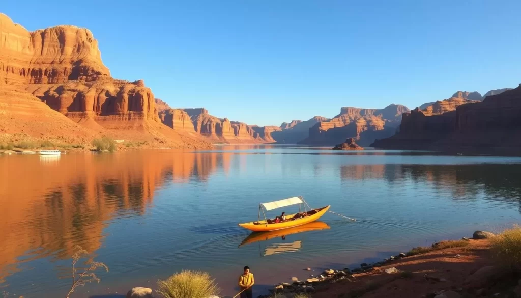 a wide, serene lake surrounded by red rock cliffs and canyons, with a traditional indigenous boat in the foreground gliding across the calm waters, with a group of people in traditional attire engaged in cultural activities on the shore, warm afternoon sunlight casting a soft glow over the scene, wide-angle lens capturing the expansive landscape, a sense of peaceful harmony and connection to the land