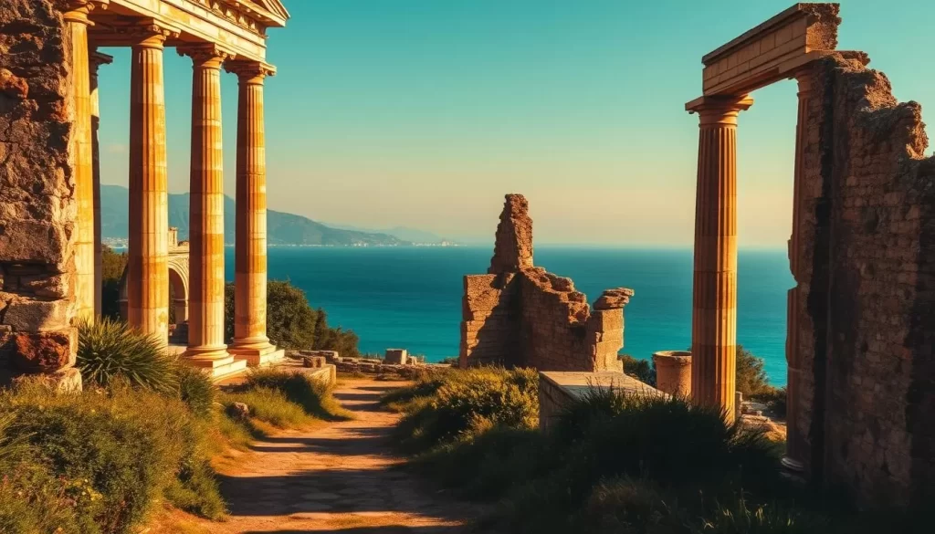 ancient ruins of Side, a historic coastal town in Turkey, bathed in the warm glow of the Mediterranean sun. Majestic crumbling columns and weathered stone walls rise from the lush greenery, hinting at the grandeur of a bygone era. In the foreground, a path winds through the ruins, inviting exploration. The middle ground reveals sweeping views of the azure sea, with distant mountains on the horizon. Soft shadows and highlights accentuate the texture and age of the structures, creating a sense of timelessness. The overall atmosphere is one of tranquility and reverence, capturing the essence of this captivating archaeological site.