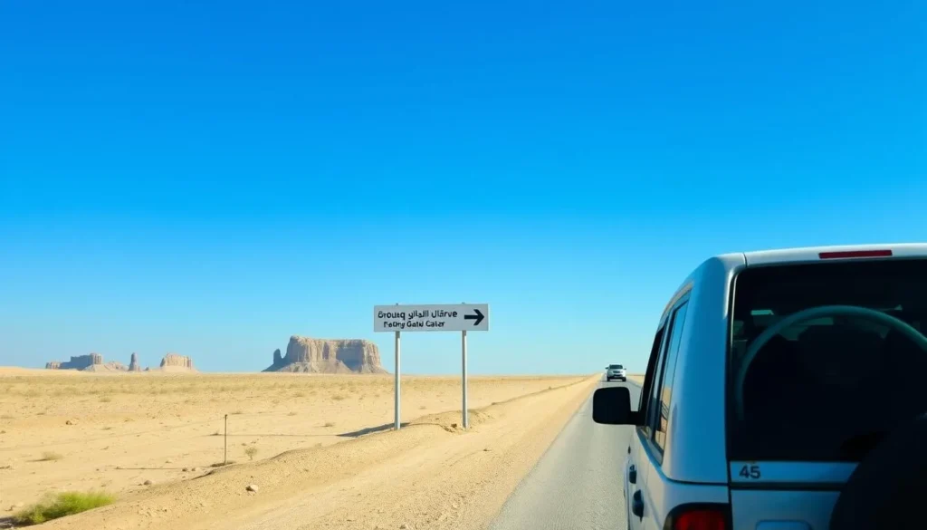 4x4 vehicle driving on the road to Brouq Nature Reserve with directional signage visible 4x4 vehicle driving on the road to Brouq Nature Reserve with directional signage visible