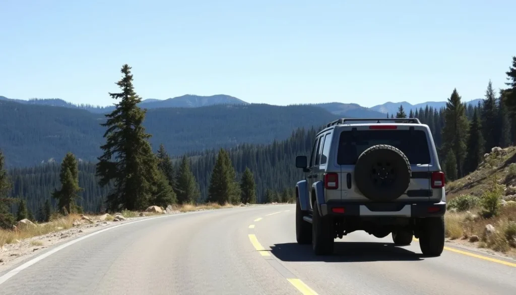 4x4 vehicle on a mountain road in Trinity County California with wilderness views