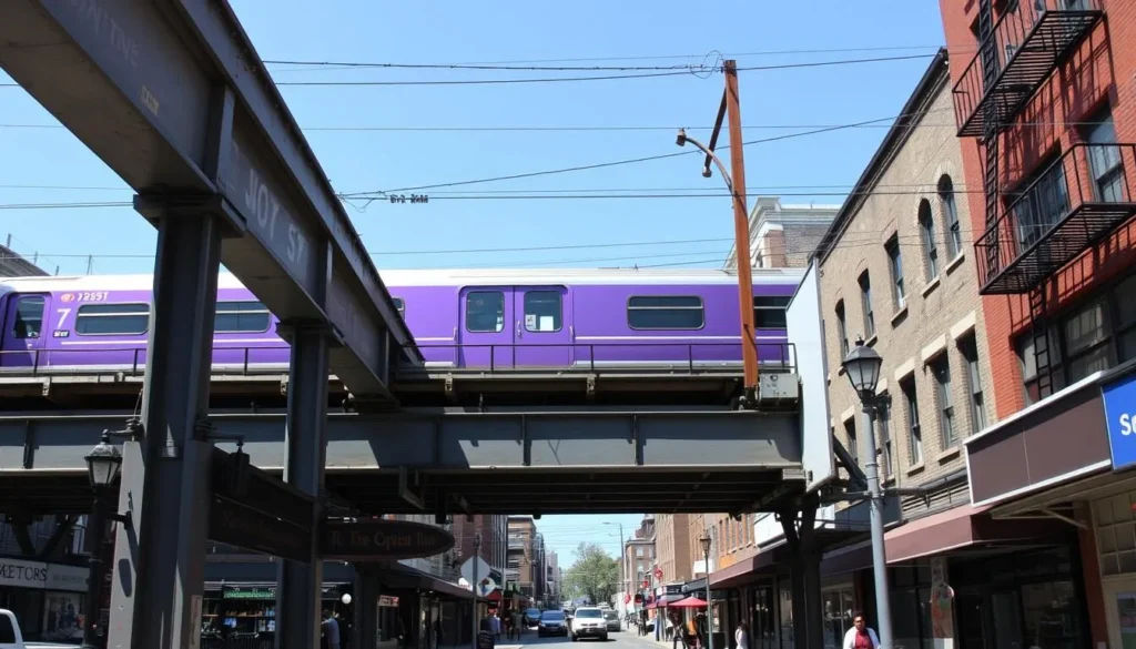 7 train subway elevated tracks in Queens with neighborhood view below 7 train subway elevated tracks in Queens with neighborhood view below